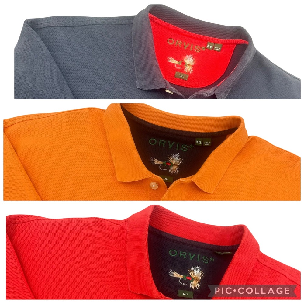 Lot of 3 Orvis Mens XXL Tall Pique Polo Shirts Navy Orange Red Short Sleeve Fly